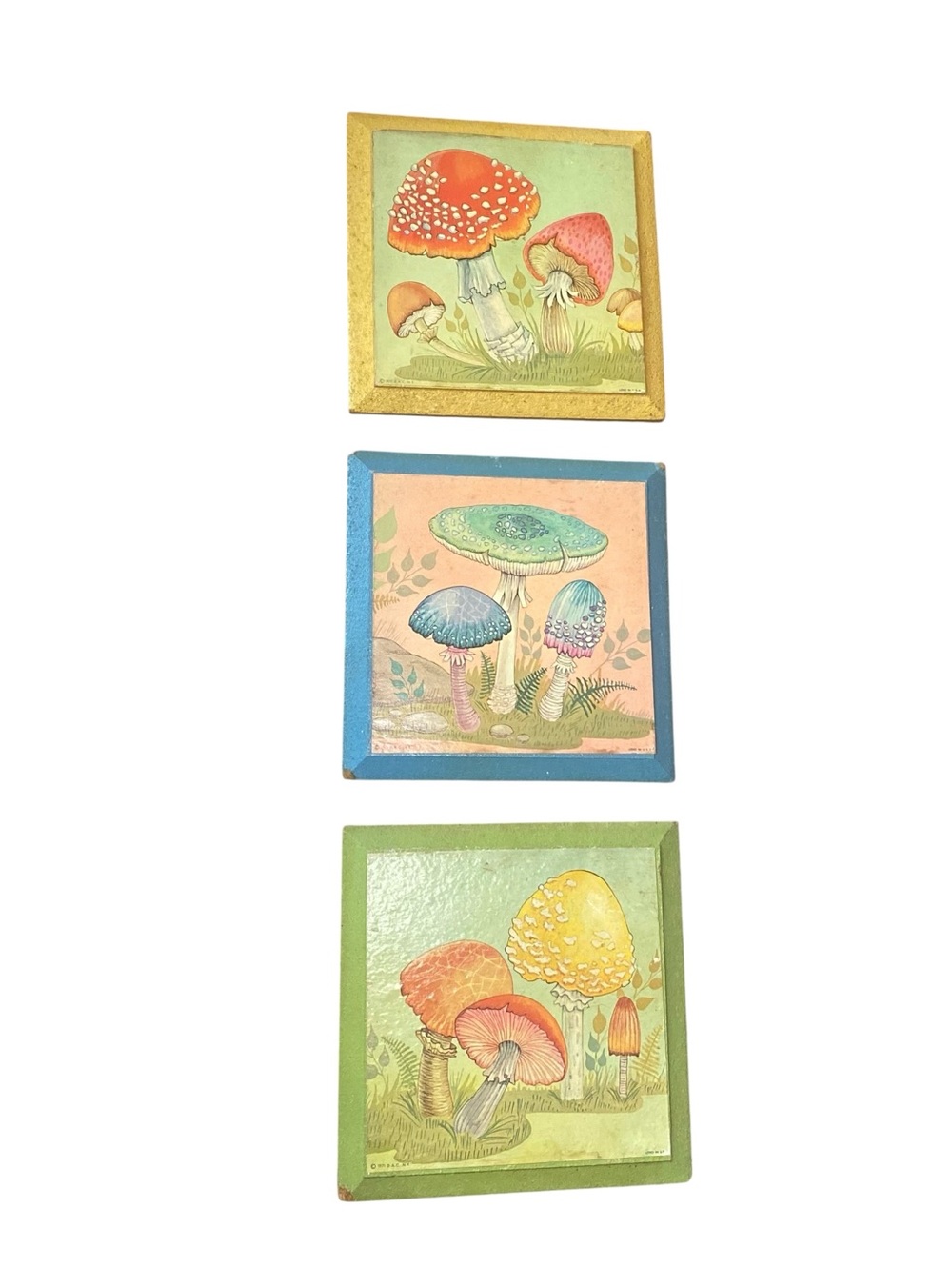 Set of 3 1971 D.A.C. N.Y. Colorful 7" Wooden Mushroom Whimsical Fairy Wall Art